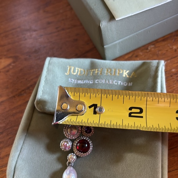 Judith Ripka marked silver genuine pearl, cz & gemstone pierced drop earrings - Picture 7 of 8